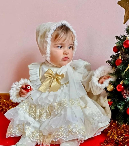 Sonata AW24 Spanish Girls Cream & Gold Reindeer Christmas Dress NA2404 - MADE TO ORDER