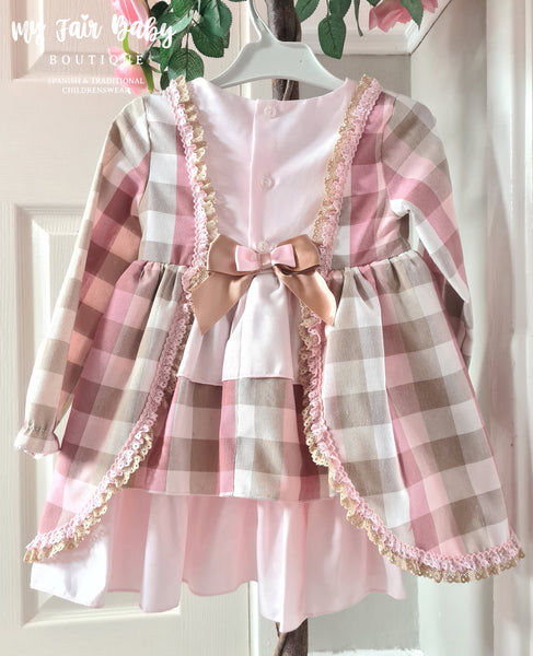 Ceyber AW24 Spanish Older Girls Pink & Gold Check Ruffled Dress ZA1119