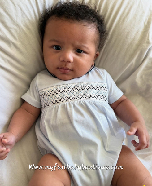 Spanish Baby Boys Blue Smocked Cotton Romper ~ NB-9m