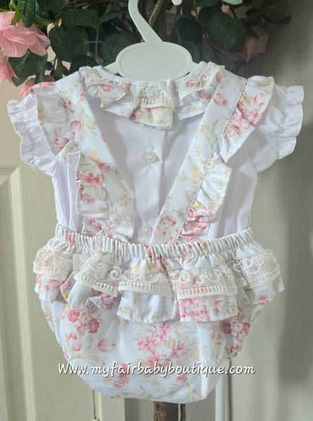 Spanish Baby Girls White & Pink Floral Romper Set ~ 3-36m