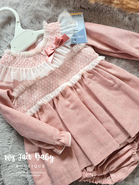 Ceyber AW24 Spanish Baby Girls Pink Dress With Smocking ZA3220