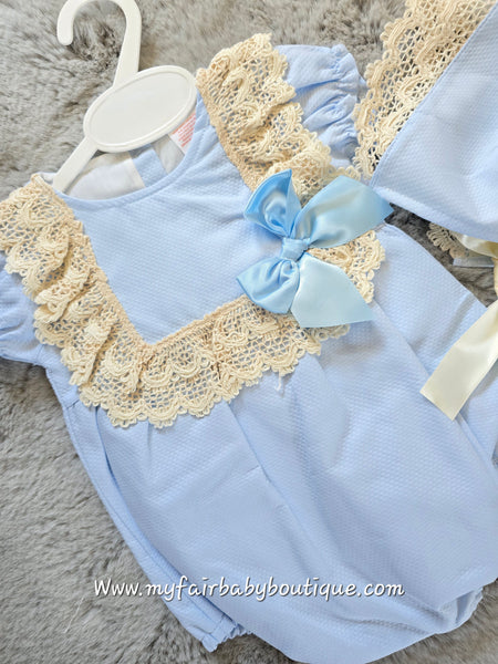 Spanish Baby Girls Blue & Beige Lace Romper & Bonnet M002 ~ 3-36m