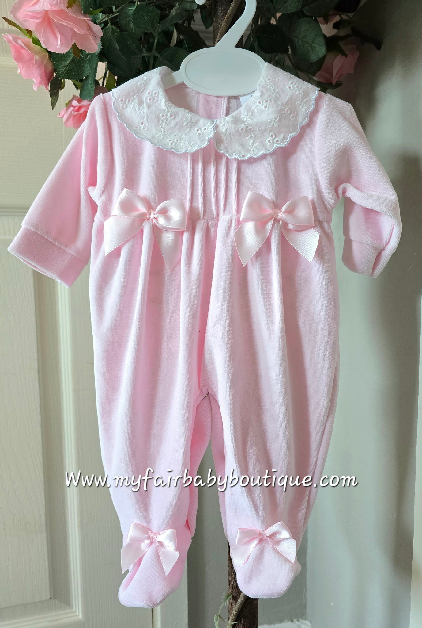 Spanish Baby Girls Pink Bow Velour Sleepsuit/Babygrow ~ NB-9m
