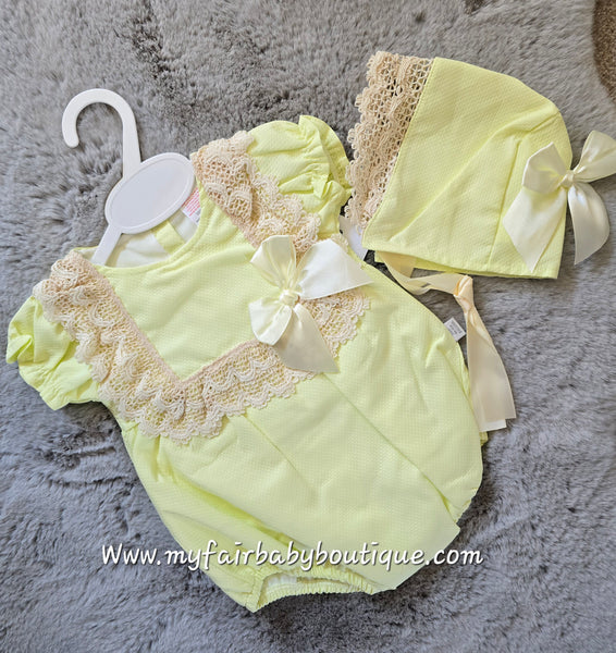 Spanish Baby Girls Lemon & Beige Lace Romper & Bonnet M002 ~ 3-36m