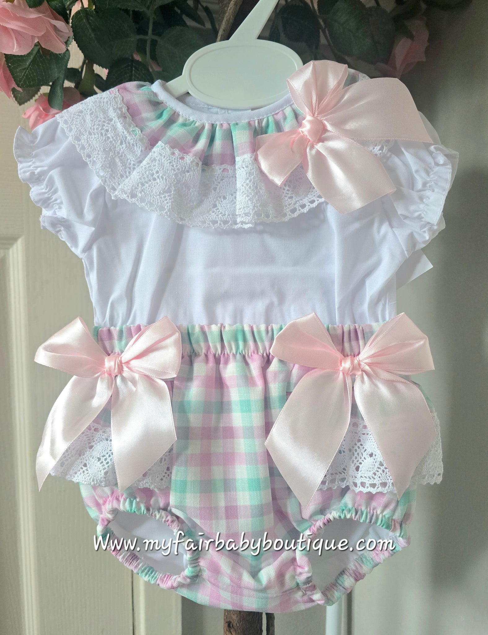 Spanish Baby Girls Pink & Green Check Jam Pants Set ~ 3-36m