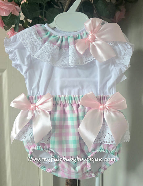 Spanish Baby Girls Pink & Green Check Jam Pants Set ~ 3-36m