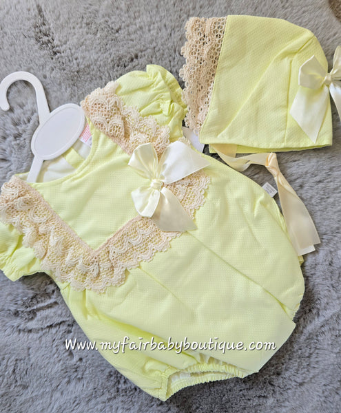 Spanish Baby Girls Lemon & Beige Lace Romper & Bonnet M002 ~ 3-36m