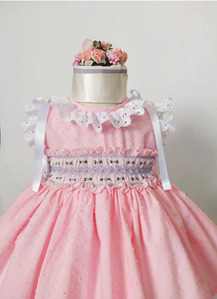 Sonata Infantil Spanish Girls Pink & Blue Plumetti Smocked Puffball Dress MOD322 - MADE TO ORDER