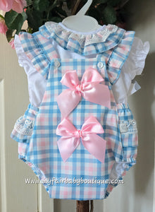 Spanish Baby Girls Blue & Pink Check Romper M002 ~ 3-36m