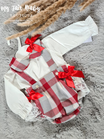 Spanish Baby Girls Red & Grey Check Romper Set - 3-36m