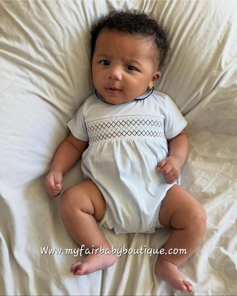 Spanish Baby Boys Blue Smocked Cotton Romper ~ NB-9m