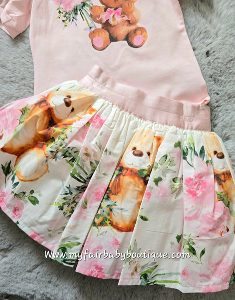 Beau Kid Traditional Girls Pink Teddy Bear Skirt Set ~ 2-8y