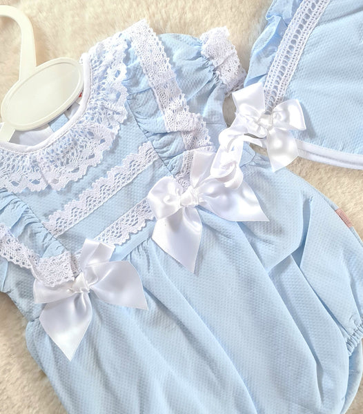 Spanish Baby Girls Blue Waffle Summer Romper & Bonnet Set ~ 6m