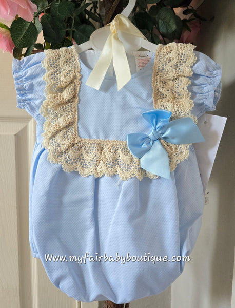 Spanish Baby Girls Blue & Beige Lace Romper & Bonnet M002 ~ 3-36m