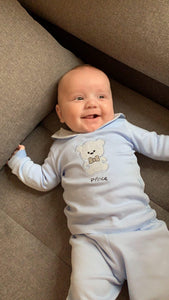 Traditional Baby Boys Blue Cotton Teddy Bear 3pc Cotton Set ~ 0-9m