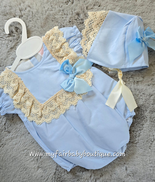 Spanish Baby Girls Blue & Beige Lace Romper & Bonnet M002 ~ 3-36m