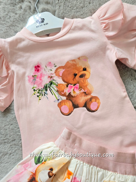 Beau Kid Traditional Girls Pink Teddy Bear Skirt Set ~ 2-8y