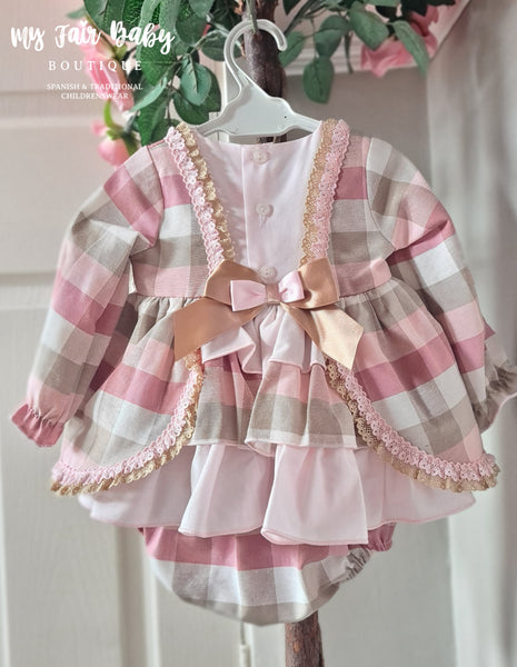 Ceyber AW24 Spanish Baby Girls Pink & Gold Check Ruffled Dress ZA1110