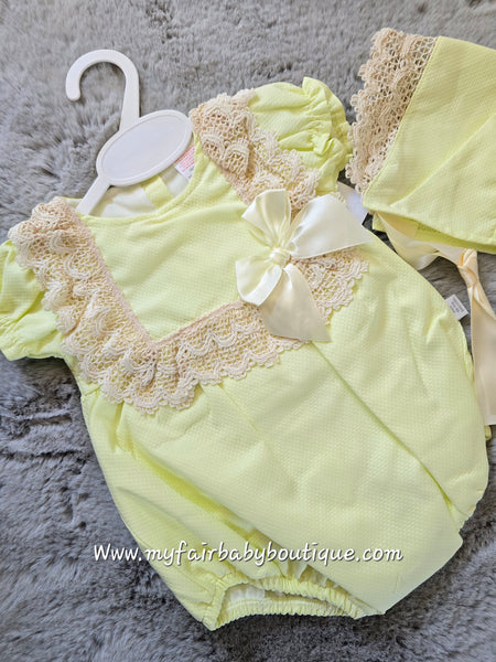 Spanish Baby Girls Lemon & Beige Lace Romper & Bonnet M002 ~ 3-36m