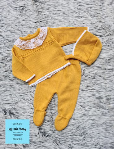 Traditional Baby Girls Mustard Knitted 3PC Set - 6m NON RETURNABLE