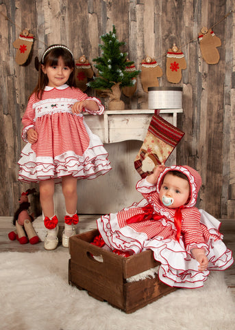 Sonata Infantil Spanish Girls Candycane Red Smocked Christmas Puffball Dress - MADE TO ORDER