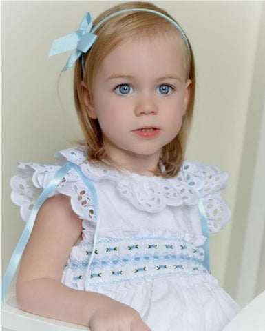 Sonata Infantil Spanish Girls White & Blue Plumetti Smocked Puffball Dress MOD322 - MADE TO ORDER